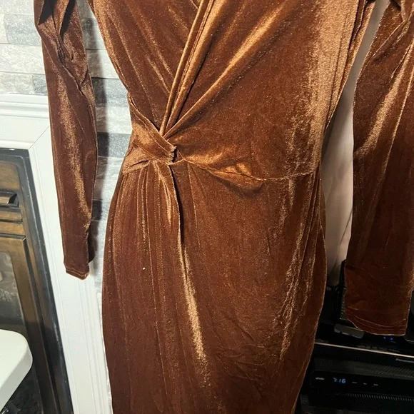 Womens Velvet V Neck Wrap Dress Fall Winter Long Sleeve Waist Ruched - Picture 5 of 6